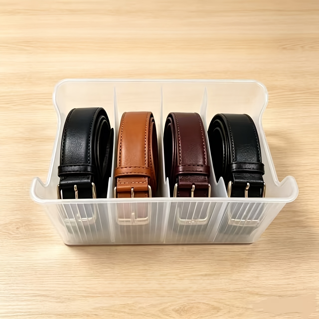 TEMU 4-compartment Transparent Tie And Belt Organizer Box For Wardrobe Drawer, Men's Pants Pocket With Belt Display Rack, Belt Storage Case
