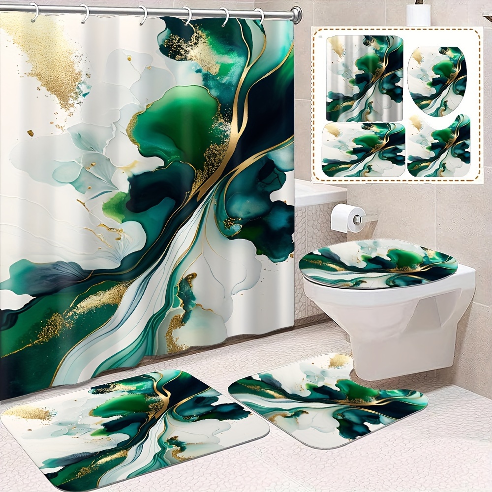 

1/4pcs Green Marble Pattern Shower Curtain Set, Shower Curtain With 12 Hooks, Non-slip Bath Mat, U-shaped Toilet Mat, Toilet Mat, Bathroom Decor Accessories