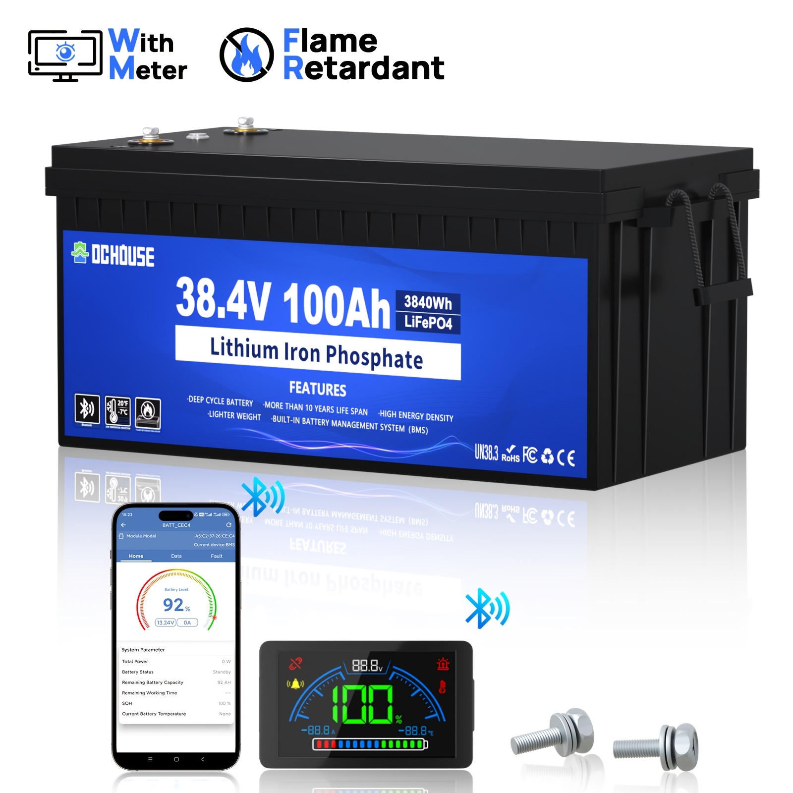 TEMU House 36v 100ah Golf Cart Lithium Battery With Switch, Lcd Monitor, Low Temp Protection, Current, Deep Cycle Lifepo4 Battery Perfect For Golf Carts