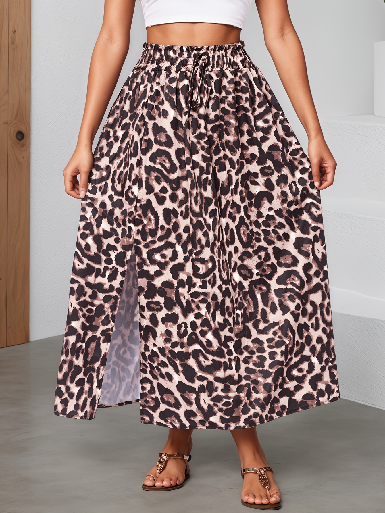elegant leopard print knit skirt long flowy no belt season Temu