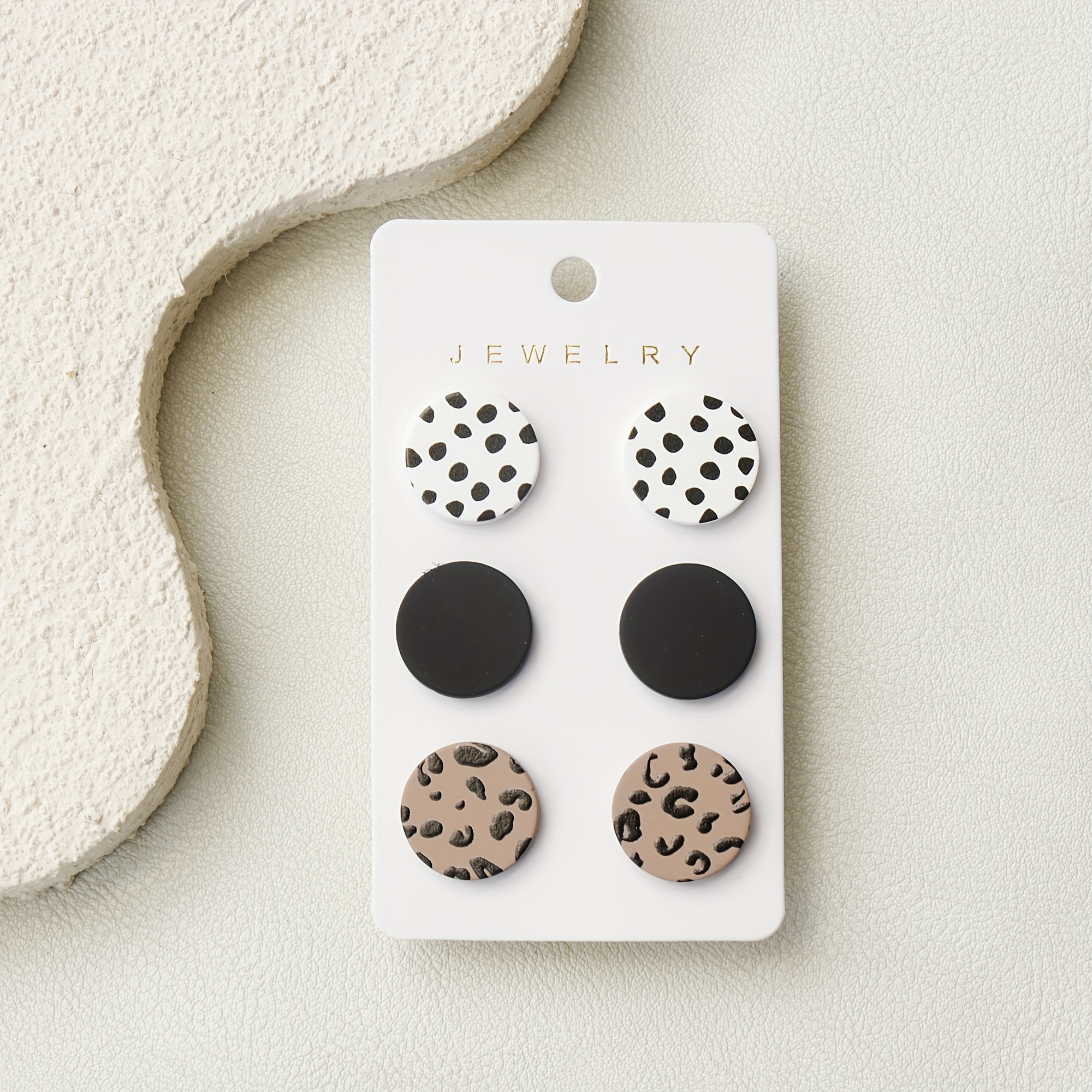 E-shop 3-in-1-Karte 1,8 cm runde Damen-Ohrhänger aus Acryl mit weißen Punkten, schwarzem Kaffee-Leopardenmuster, Kunst-Terrakotta-Textur, Vintage,