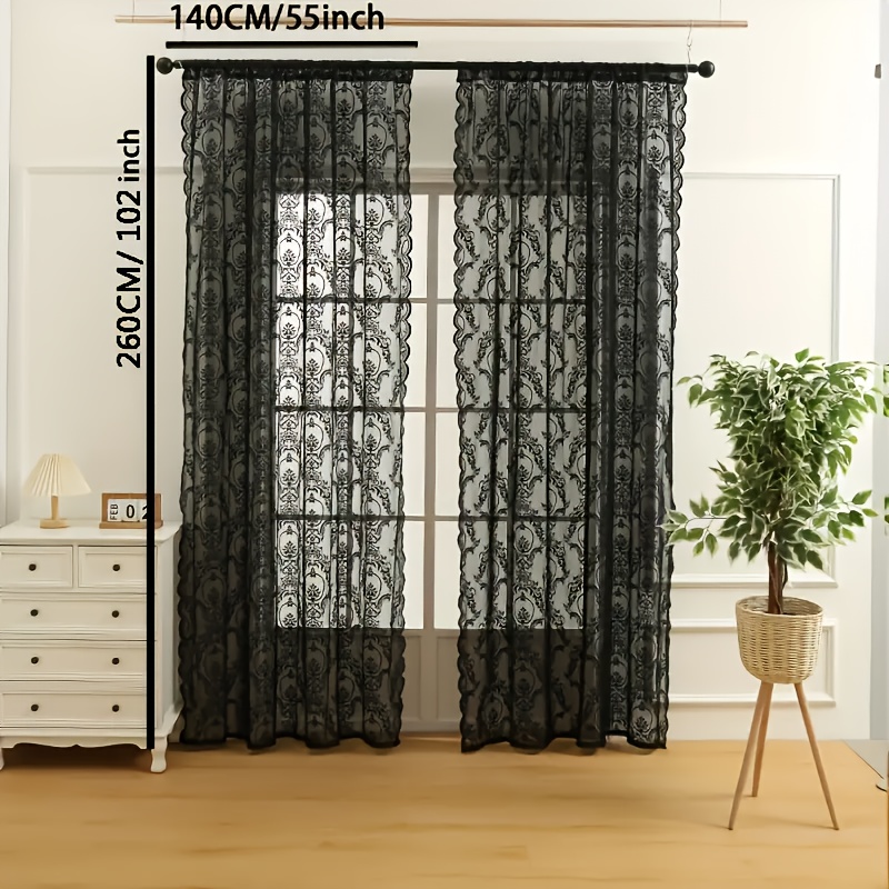 TEMU 1pc Black Lace Curtain, Living Room Blackout Drape, Balcony Wave Partition Screen, Bedroom Finished Window Screen