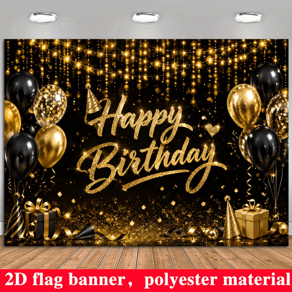 TEMU 2D Platte Banner, 2D Plat - 1 stuks 2D Banner Zwart en Gouden Verjaardag Thema Achtergrond, met Glitterende Gouden Verjaardagstekst, Zwarte en