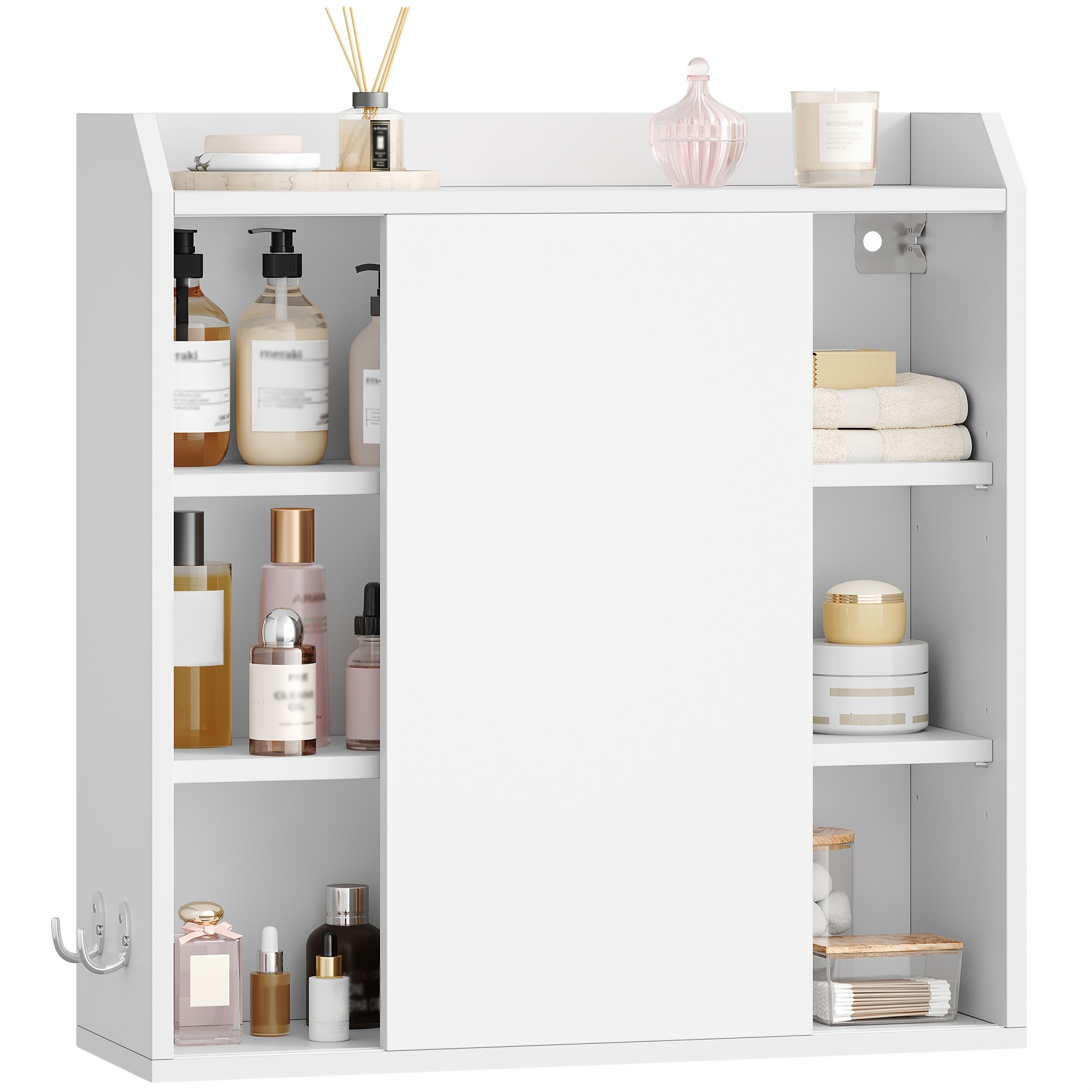 Wall-mounted Cabinet With Adjustable Shelves, Sliding Doors And Open Shelves, Bathroom Cabinet, Kitchen Cabinet, 30 X 60 X 60cm, White