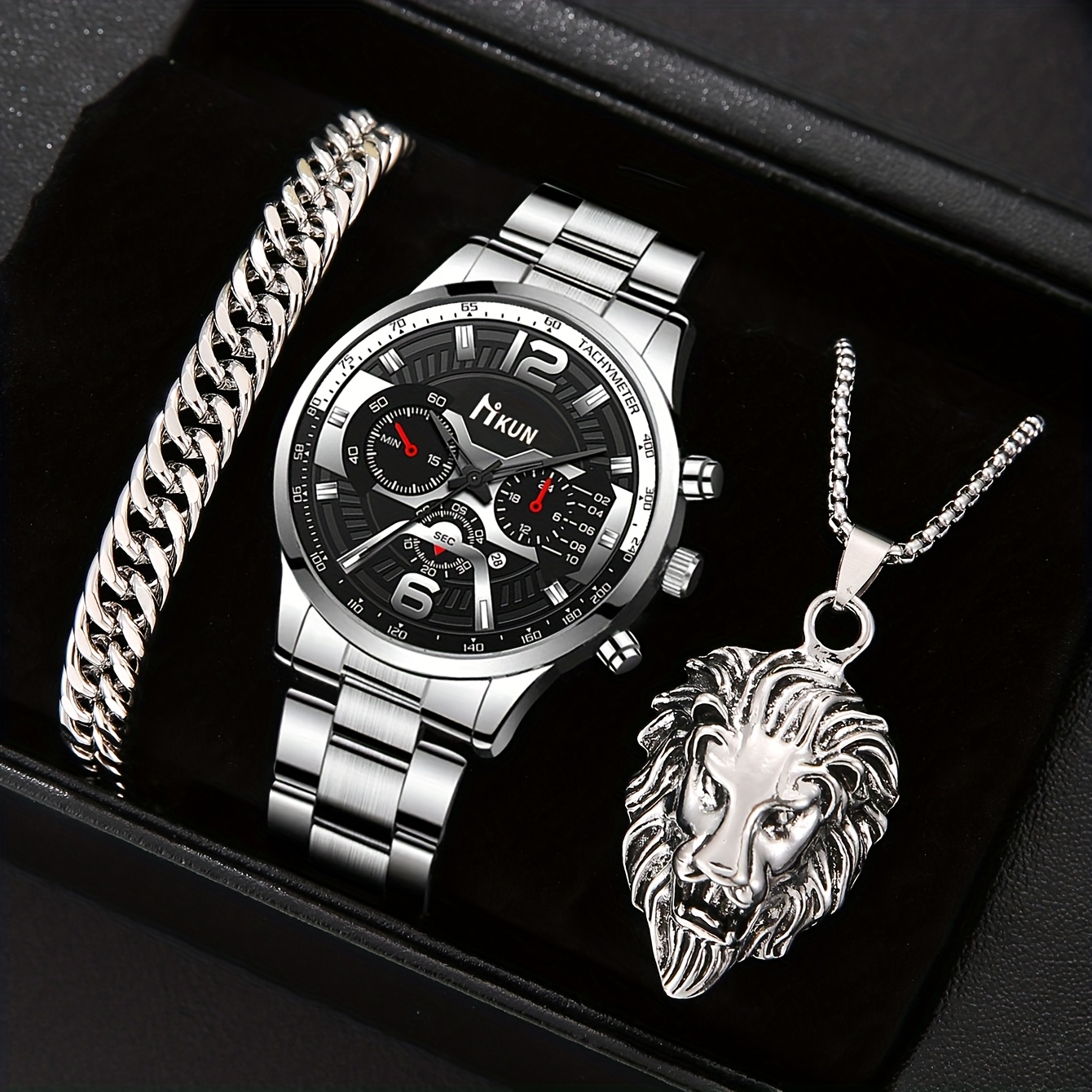 3pcs Men's Watch & Matching Necklace/bracelet Set - Quartz Movement Steel Band Watch With Matching, Round - Stylish Gift For Him For Christmas, Valentine's Day, Birthdays (affordable Luxury)