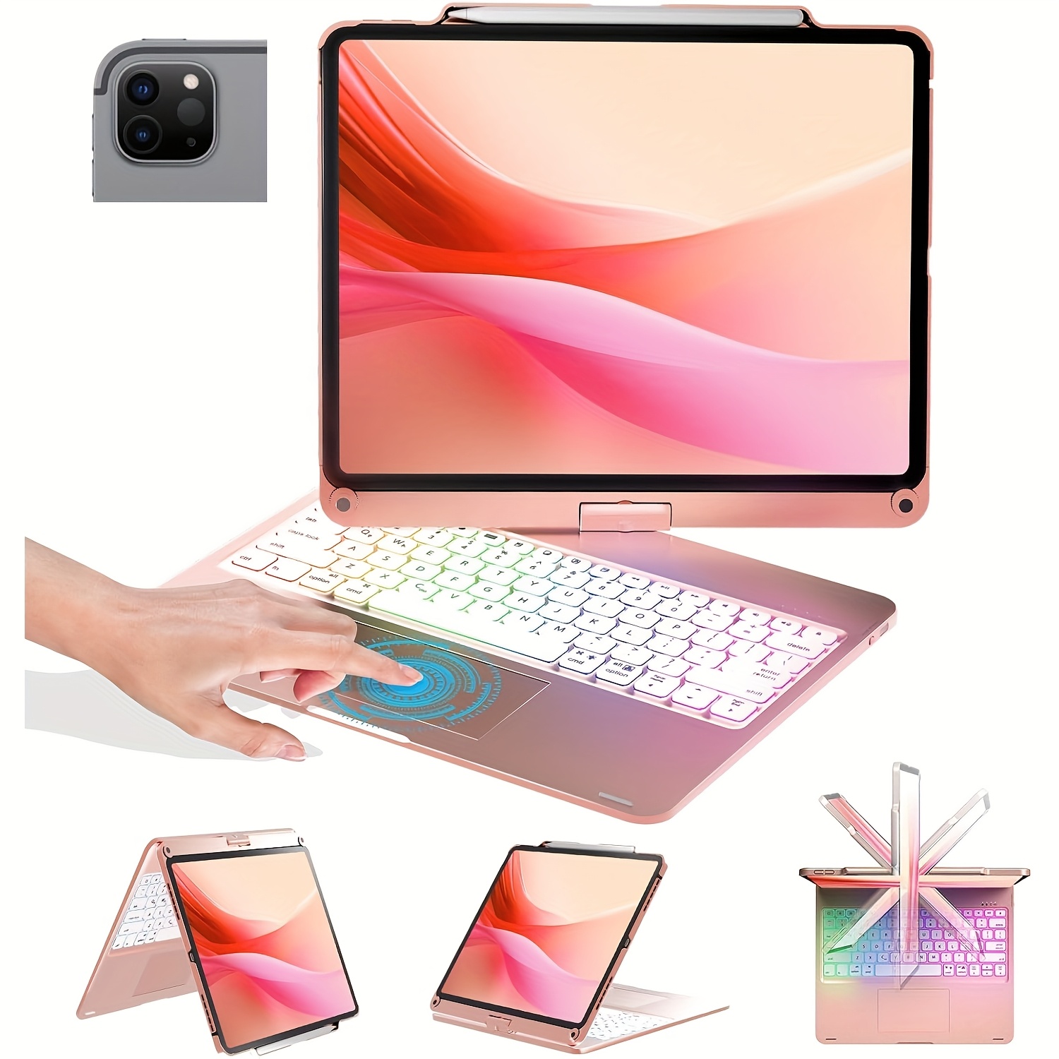 

For 2022 Case With Keyboard And Touchpad, Compatible With 12.9-inch 5th Gen 2021/ 2020/3rd Gen 2018, Rainbow Backlits & Apple Pencil Charging - Black/rose Gold-us English