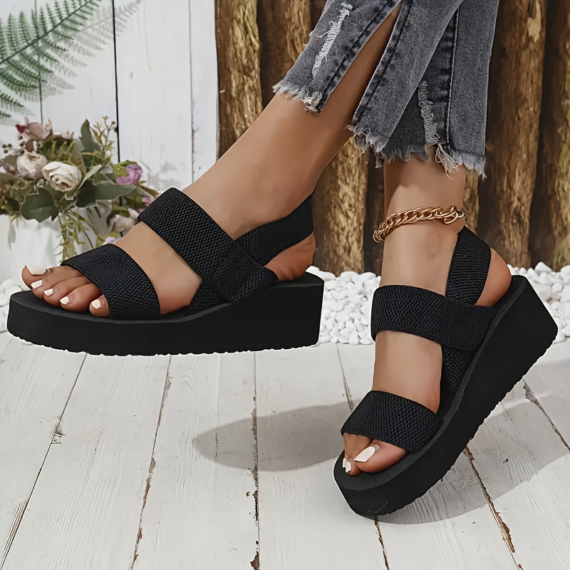 Women's Black Wedge Sandals with Ankle Strap Comfortable Thick EVA Sole,  Round Toe Slip-On Casual Shoes for Summer, Beach Daily Wear
