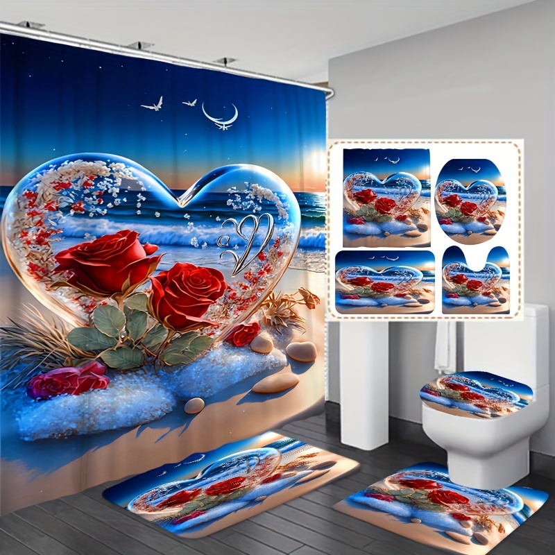 

1/3/4pcs Heart Beach Rose Pattern Shower Curtain Set, Shower Curtain With 12 Hooks, Non-slip Bath Mat, U-shaped Toilet Mat, Toilet Mat, Bathroom Decor Accessories