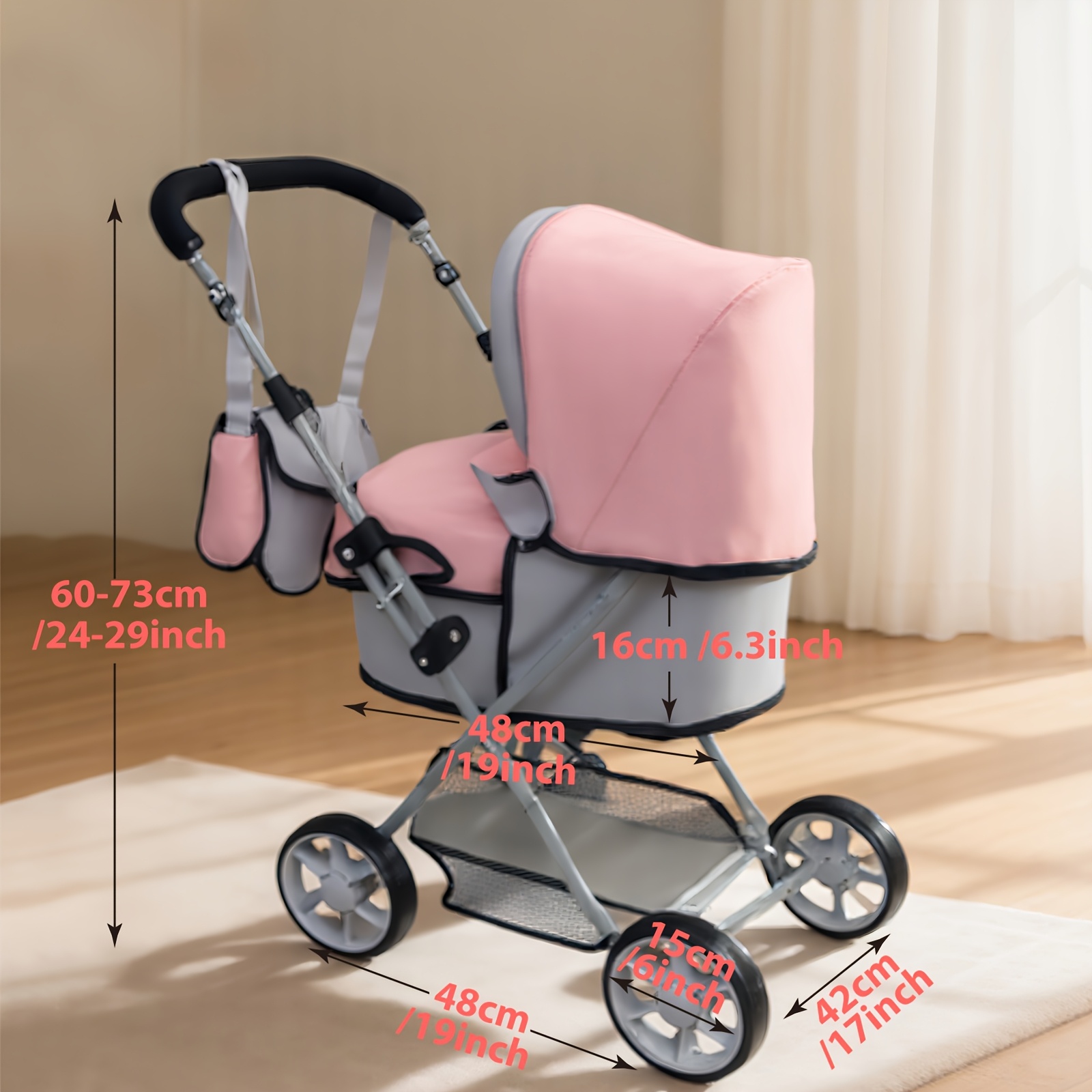item picture stroller for dolls trendy grey pink pram suitable for 16 20 inch dolls adjustable height fold   ideal gift with small bag accessory
