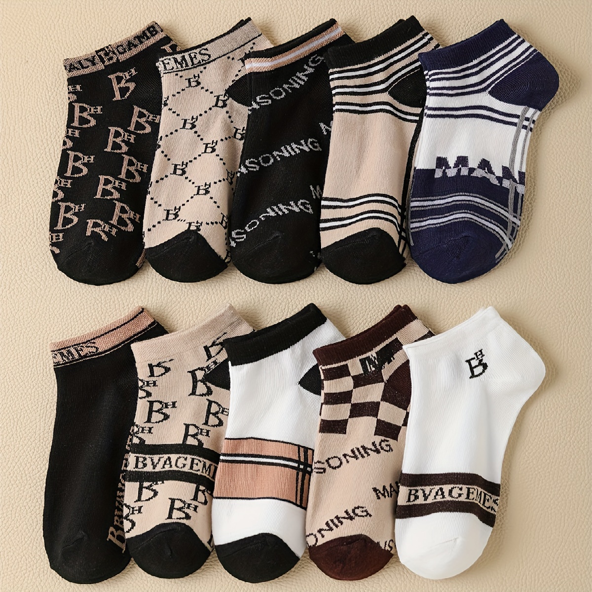 

10pcs Women' Ankle Socks - Breathable, Comfortable Polyester & Spandex With Geometric Prints, Machine Washable