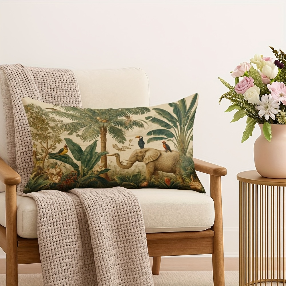 TEMU 1pc Retro Tropical Jungle Pillowcase, Palm Tree Elephant Parrot Pattern, 12x20 Inches/30x50 Cm Soft Short Plush Pillow Cover, Zipper Closure,