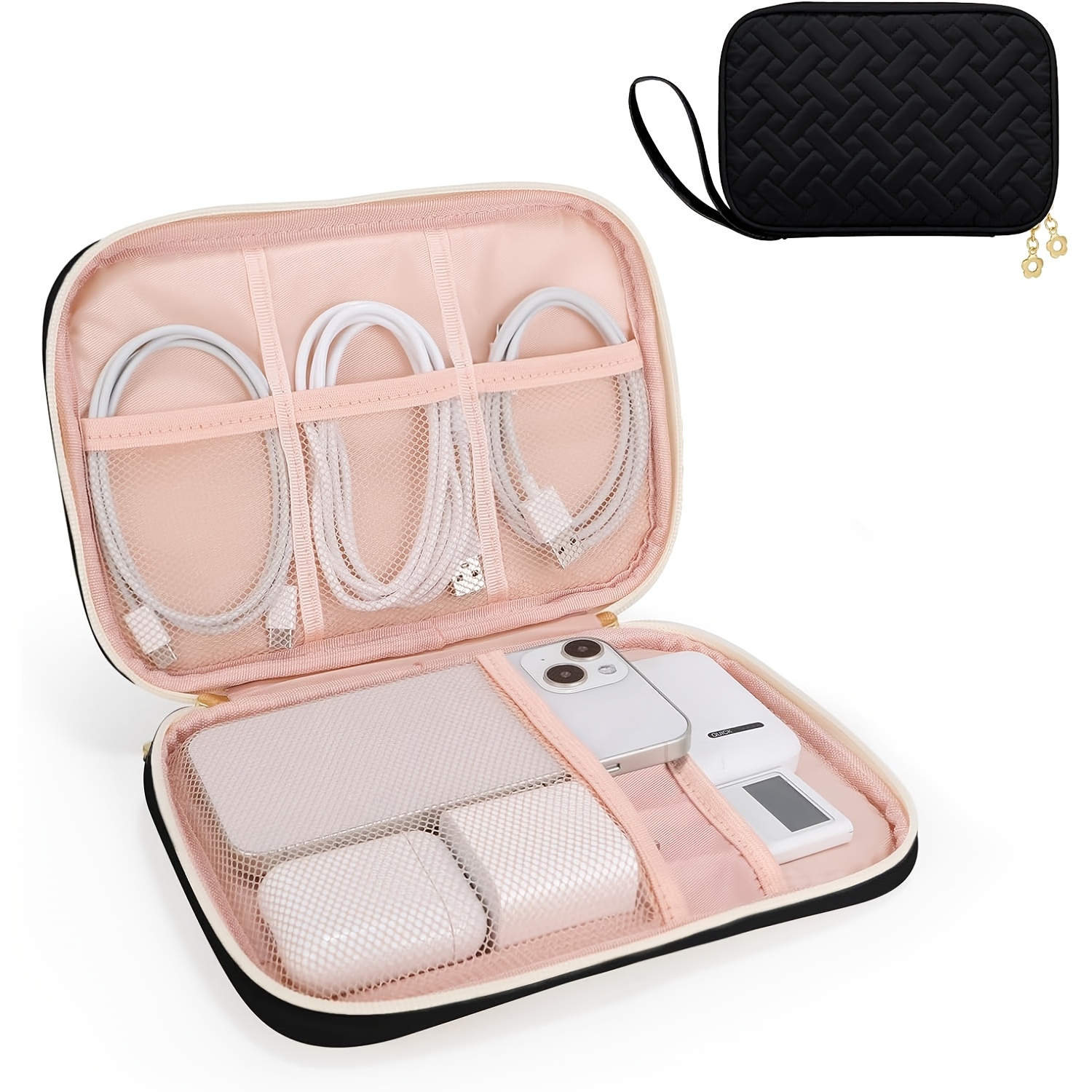 E-shop 1 Stück Reise-Technik-Organizer-Tasche kompatibel mit iPhone, Powerbanks & Kabeln – Doppelreißverschluss-Elektronik-Aufbewahrungstasche mit