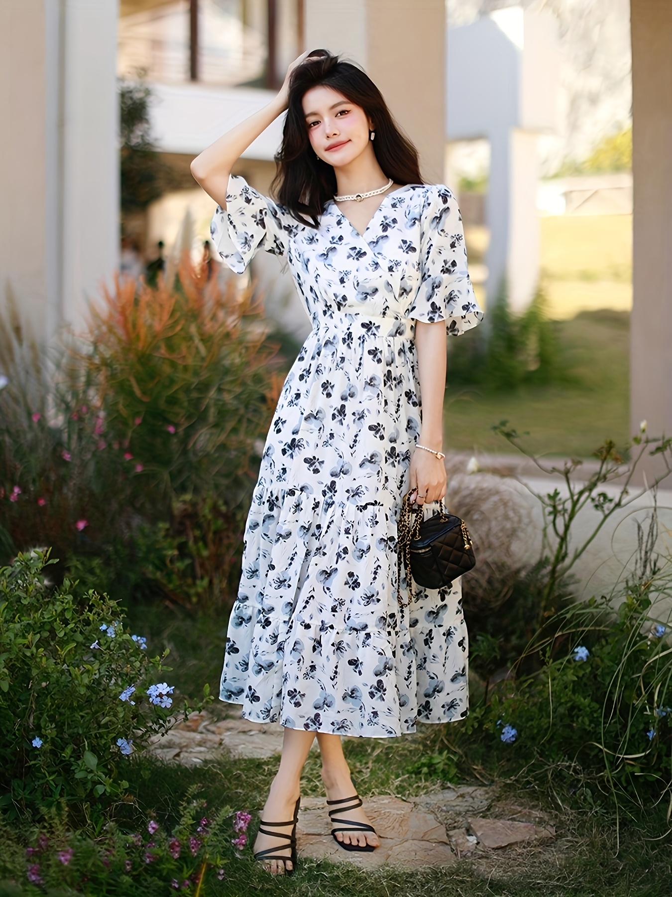 womens summer floral print v neck dress puff short sleeves - Temu Kuwait