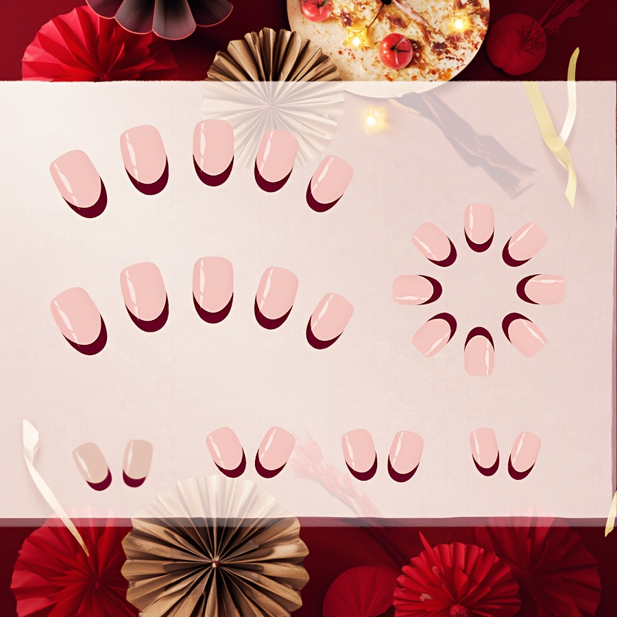 E-shop 24-teiliges Set minimalistischer weinroter Neujahrs-Maniküre-Nagel im -Look, nude, kurz, glänzend, für DIY-Nagel-Enthusiasten, Damen für den