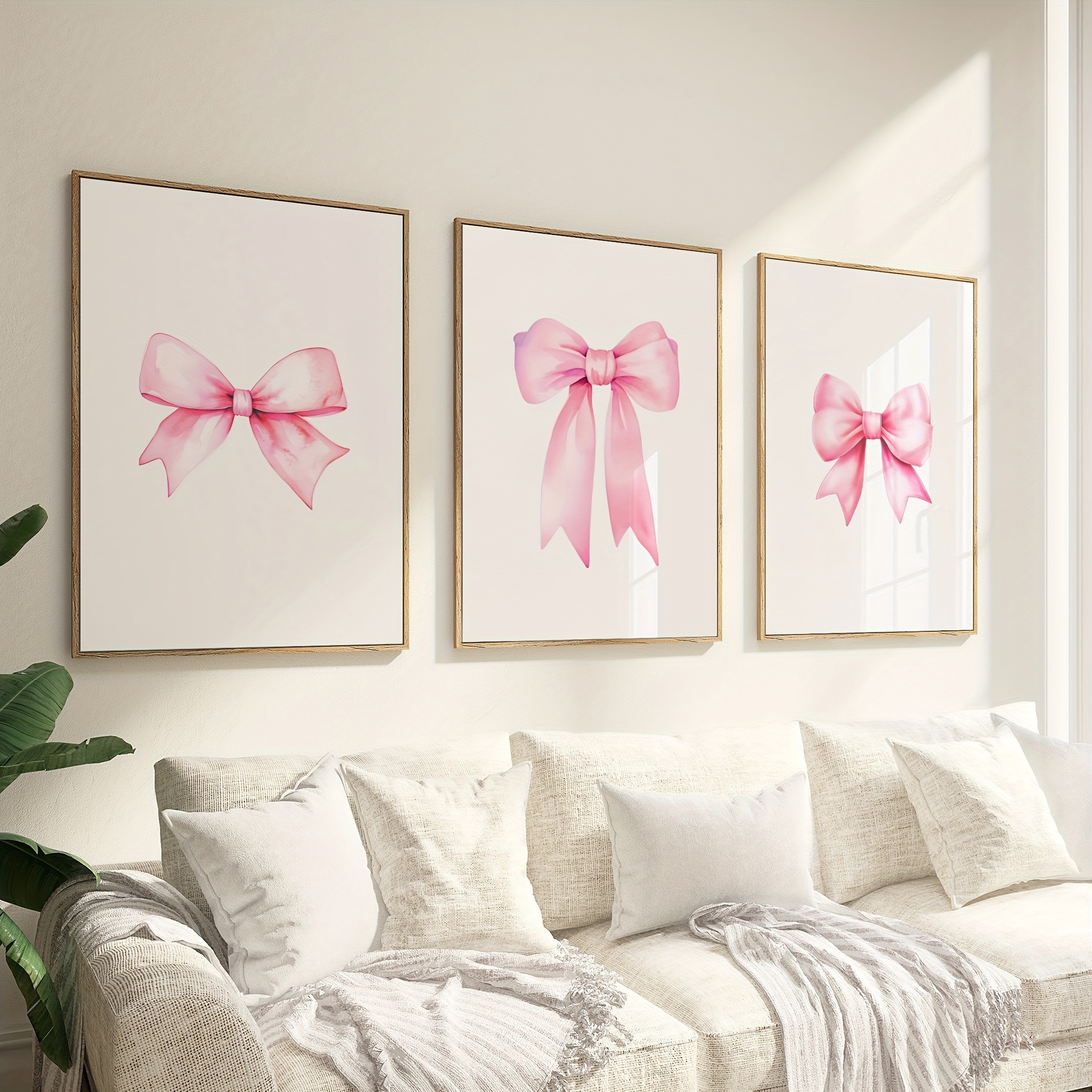 TEMU 2d Flat, 2d Flat, 3 Unframed Canvas Posters Featuring Modern Art, Printed With Pink Bows, Wall Art In Bedrooms And Living Rooms, As Well And