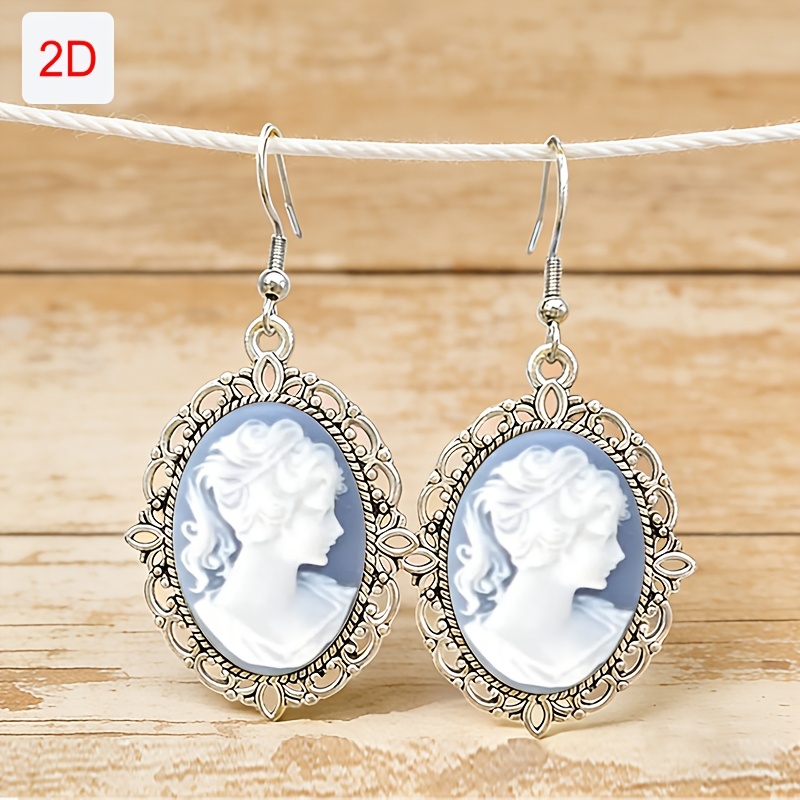 TEMU Retro Distressed Silvery Frame Oval Relief Beauty Ear Drop French Cameo Ear Jewelry