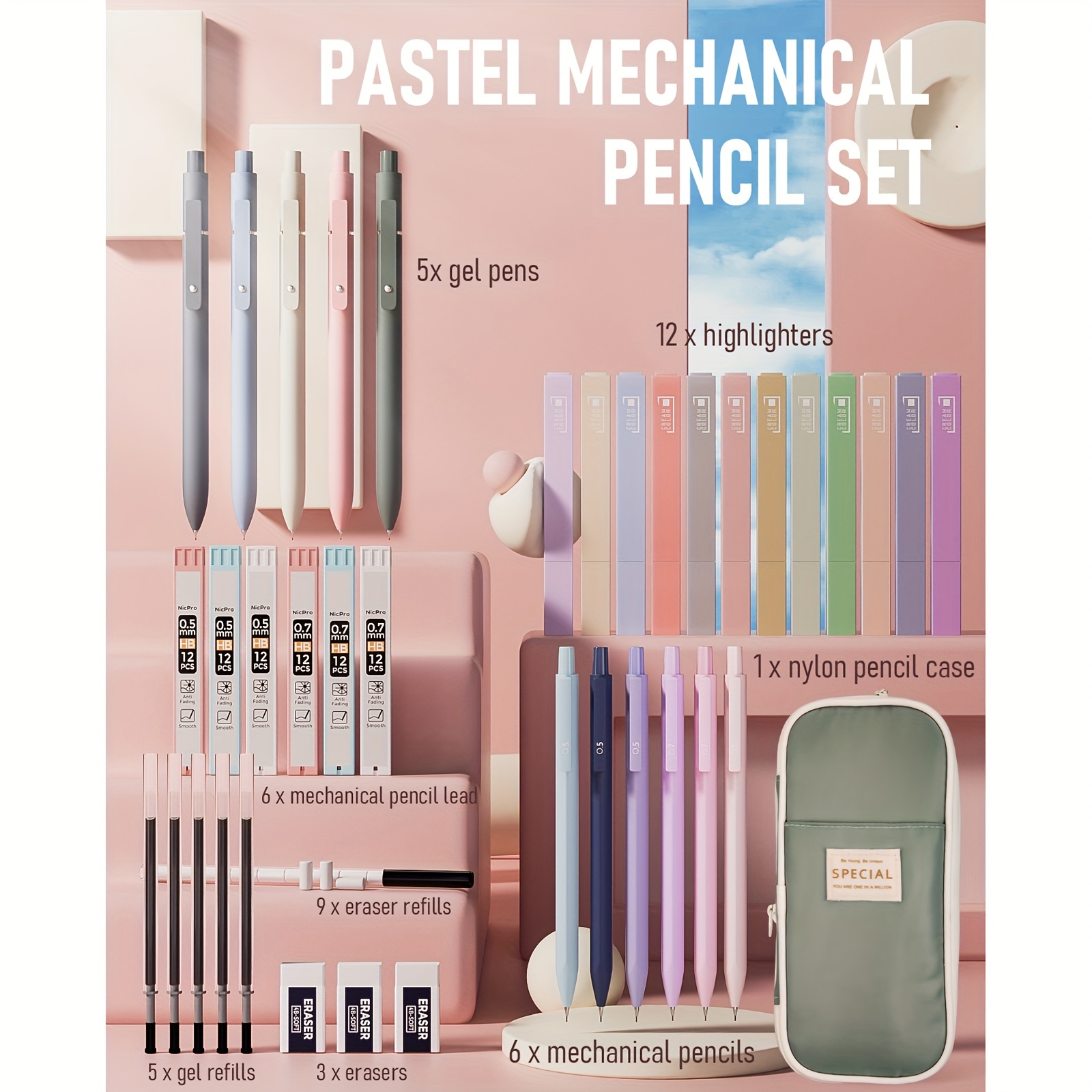 TEMU Nicpro 38/78/84pcs Aesthetic School Supplies With Cute Pen Case, 12 Pastel Highlighters, 12color&black Ink Gel Pens, 10mechanical Pencils 0.5,