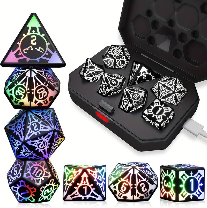 Dès Lumineux Électroniques Rechargeables - Set Polyédrique Clignotant - Pour Jeux De Rôle (RPG) - Avec Boîtier Chargeur