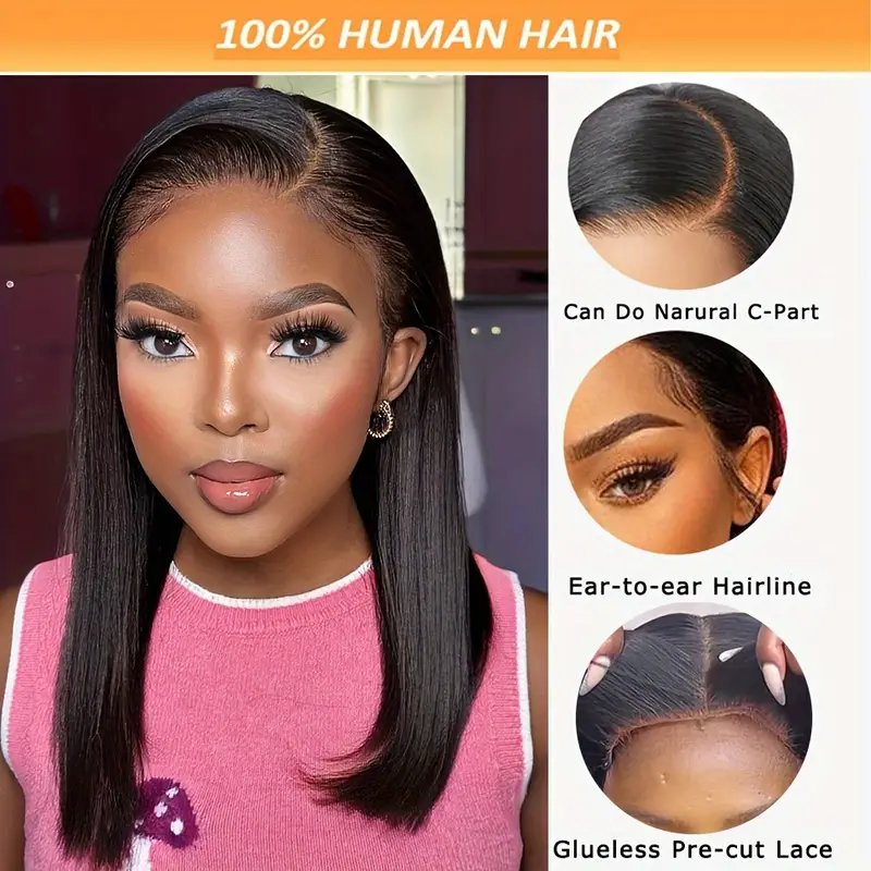 glueless 13x4 lace front wig straight short bob cut natural hairline with baby hairs hd transparent lace 150 density brazilian human hair for women parted or details 0