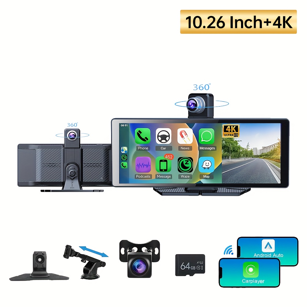 

10.26" Hd Wireless Car For & Auto, Portable Touch For Car, 4k Cam, 1080p , , , , Gps Navigation, Aux, Fm Transmiter, 64g Tf