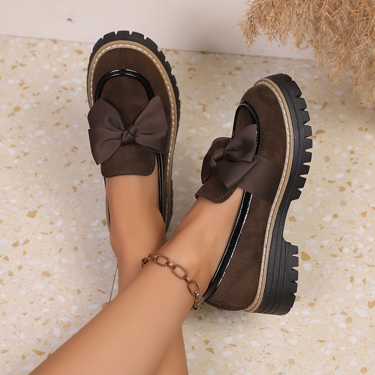 Ladies' Solid Color Bow Thick-Soled Comfortable Loafers, Versatile Shoes