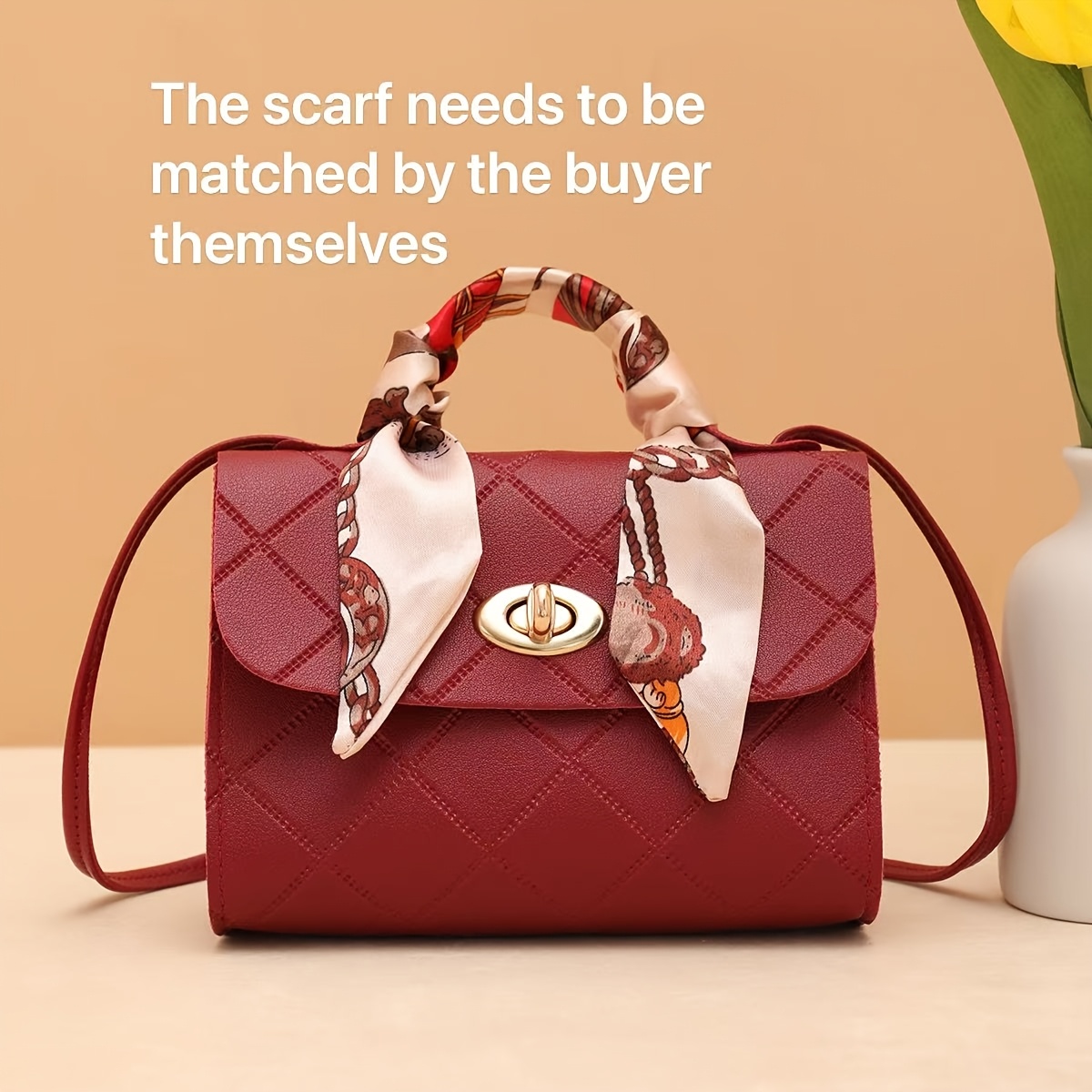 TEMU New Elegant And Stylish Versatile Checkered Embossed Scarf Mini Square Bag, Shoulder Crossbody Bag, Women's Handbag
