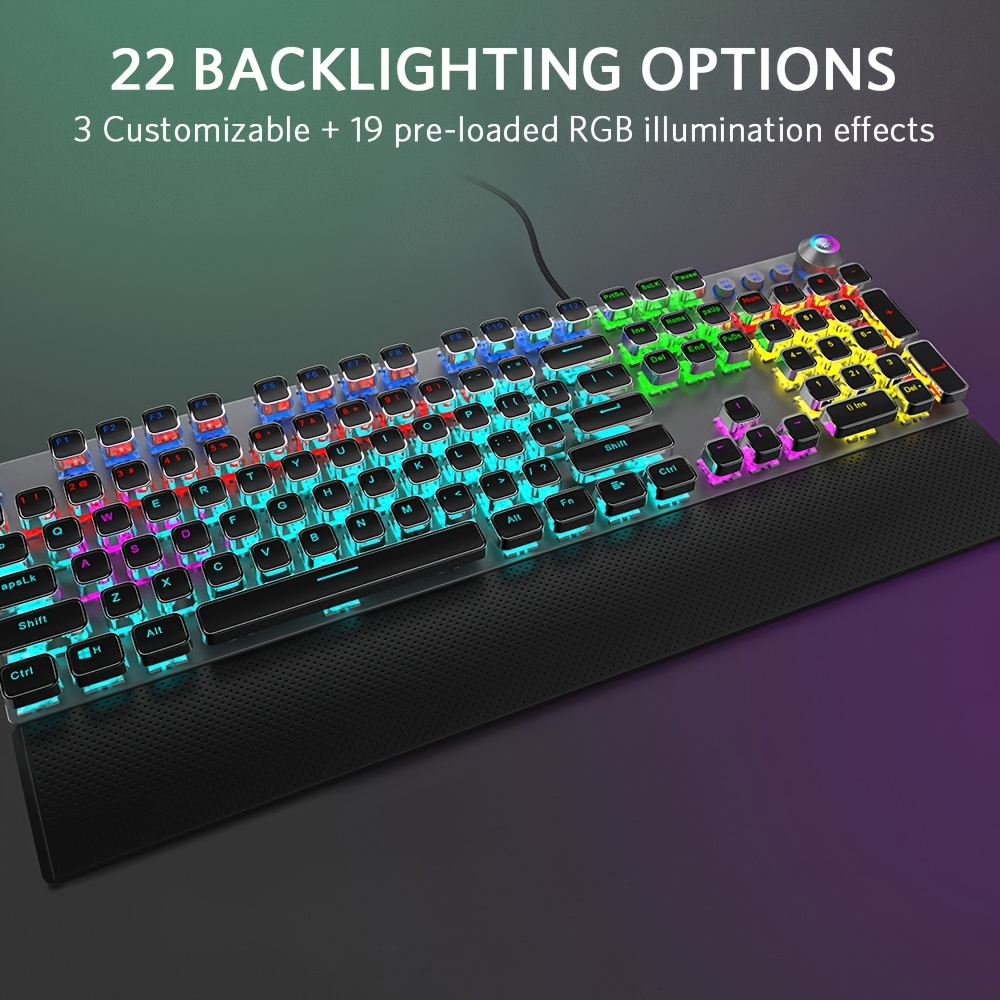 

Mechanical Gaming Keyboard, Led Rainbow Gaming Backlit, 104 Anti-ghosting Keys, Quick-response Black Switches, Multimedia Control For Pc And Desktop Computer, With Removable Hand Rest