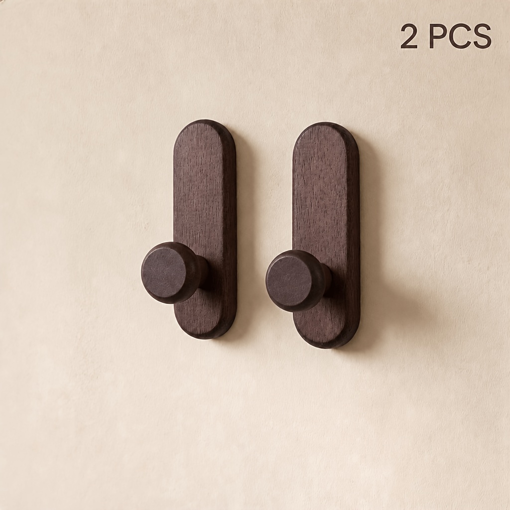 TEMU 2pcs Walnut Solid Wood No-drill Hooks - Adhesive Mount, For Wall & Door, Holds Coats, Hats, Keys & Kitchen Tools, Entryway, Bedroom, Kitchen &