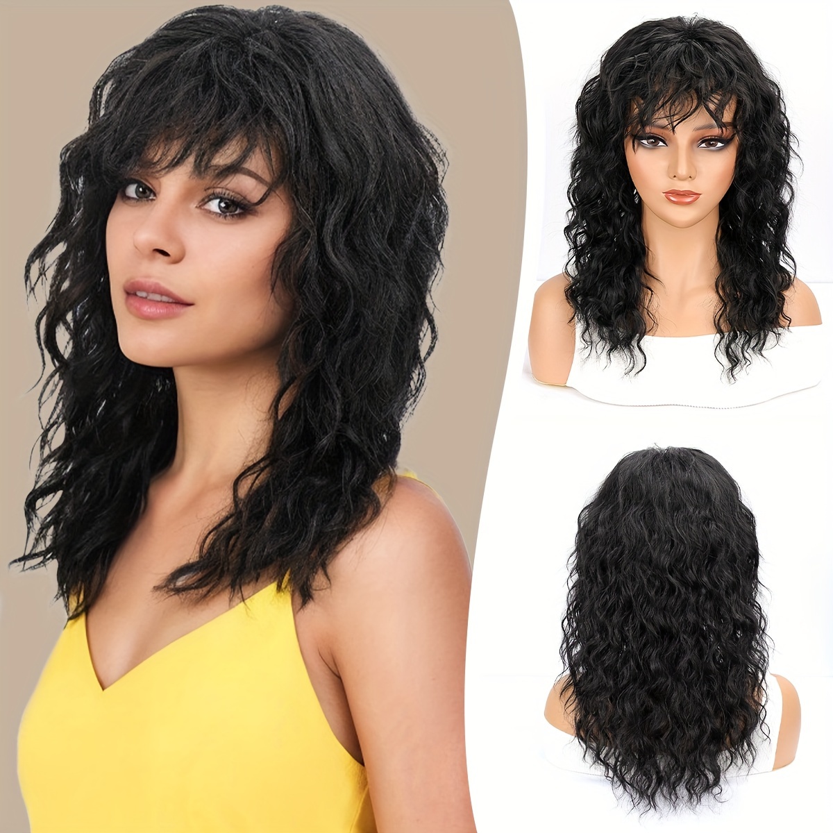 

Women'-inch Long Curly Wig With Bangs - Heat Resistant Synthetic Hair For And Halloween Parties, , Fashion