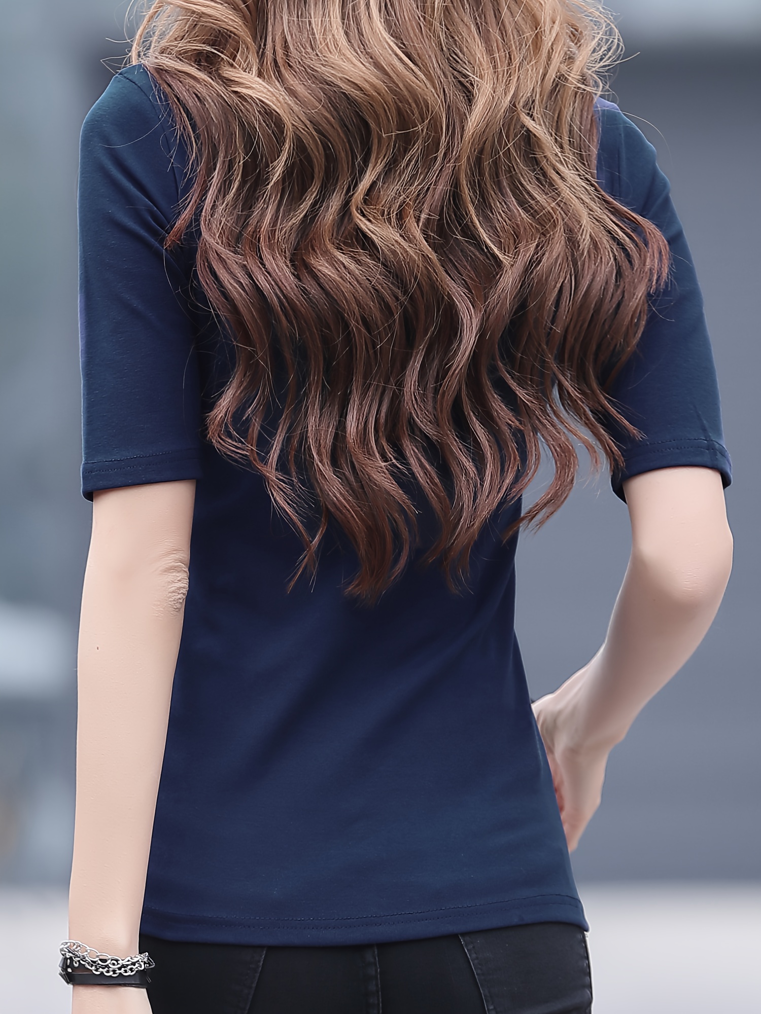 8077 Casual High Neck Solid Color T-Shirt for Women - Polyester Knit Fabric, Regular Fit, Spring/Fall Season