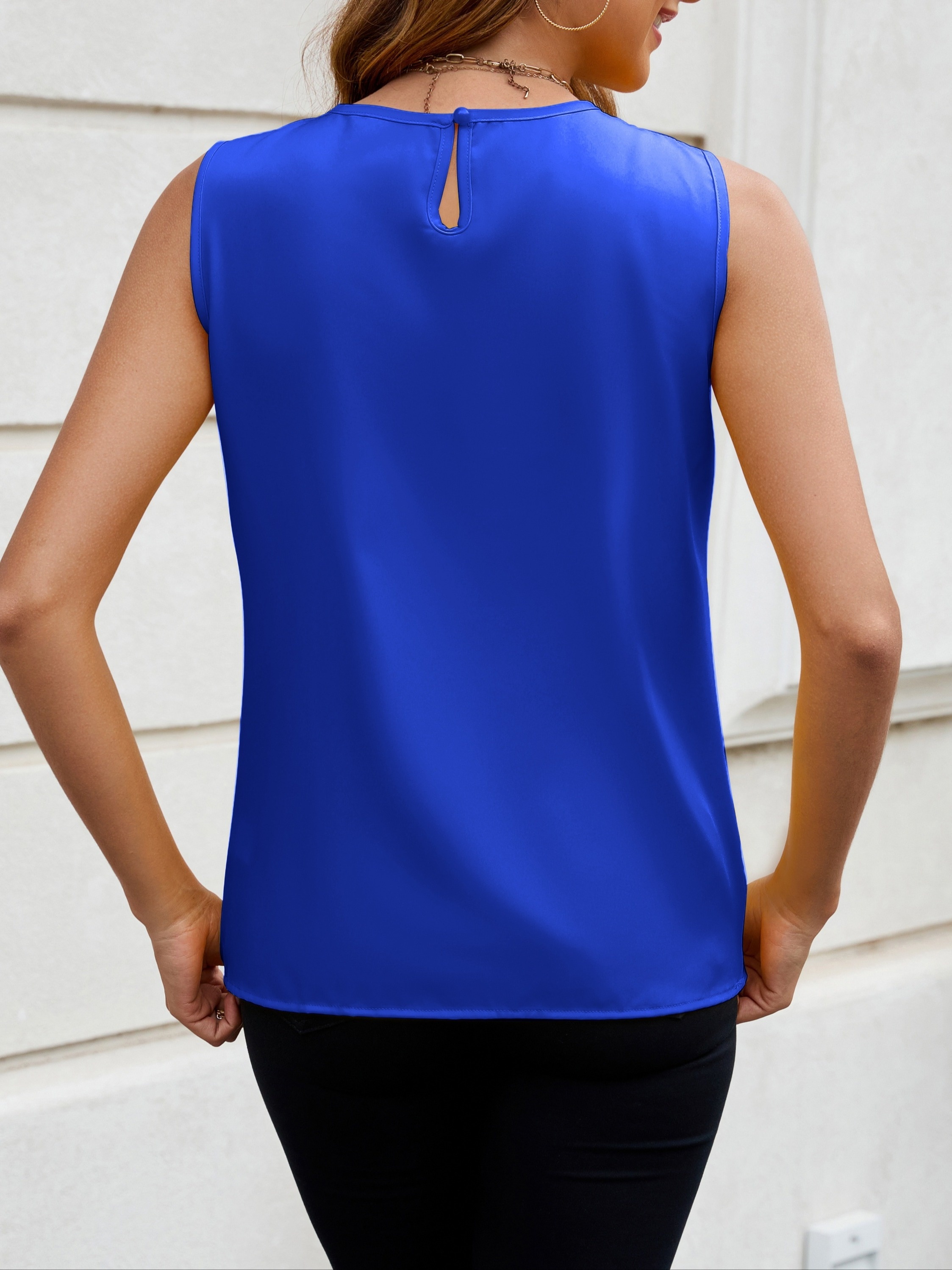 Women's Elegant Solid Color Sleeveless Blouse - Round Neck Button Front, Machine Washable Non-Stretch Fabric, All-Season Versatile Top for Casual & Formal Wear, Buttoned Front Top, Sophisticated Design