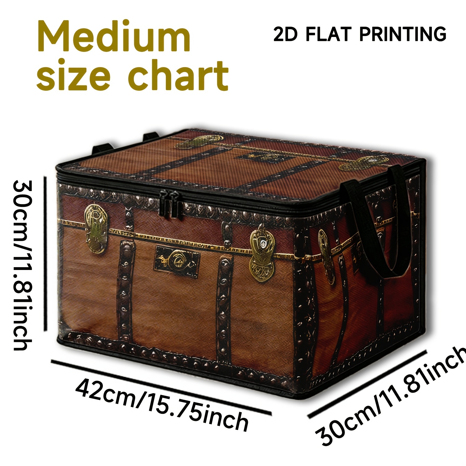 TEMU 1pc de Almacenamiento de Tela con Estampado de 2D, Organizador Plegable Retro con Ribete Negro y Cremallera, de Almacenamiento Fácil para Ropa y
