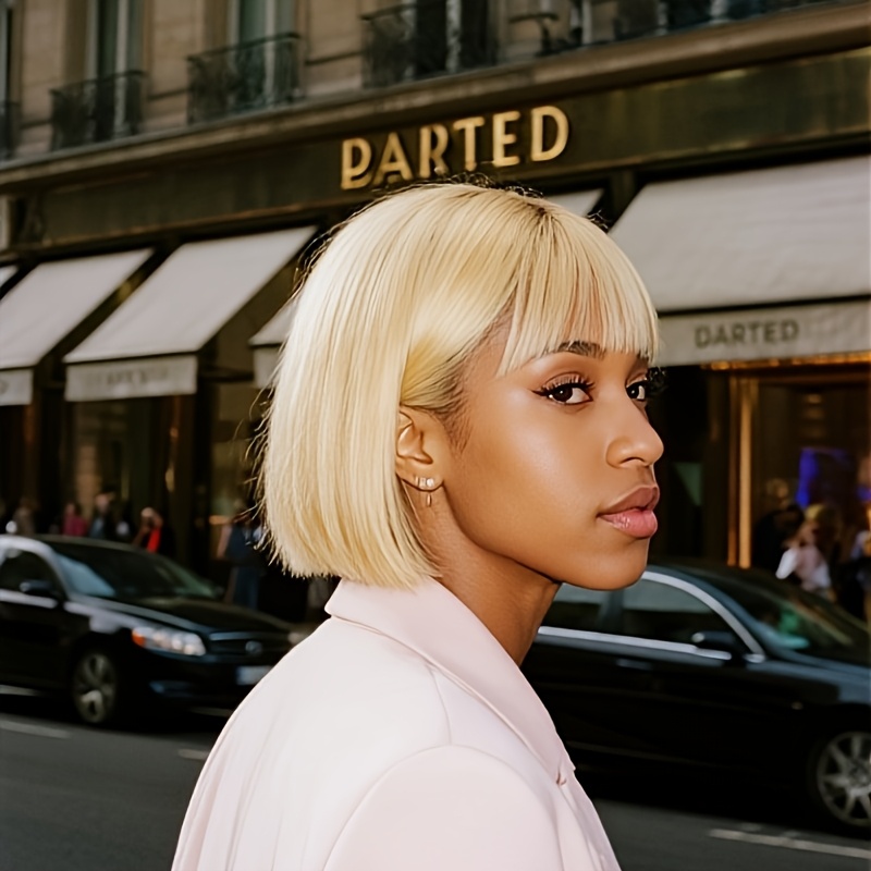 Perruque Bob Courte Avec Frange Blonde - Cheveux Synthétiques Résistants à La Chaleur Pour Cosplay Et Fêtes