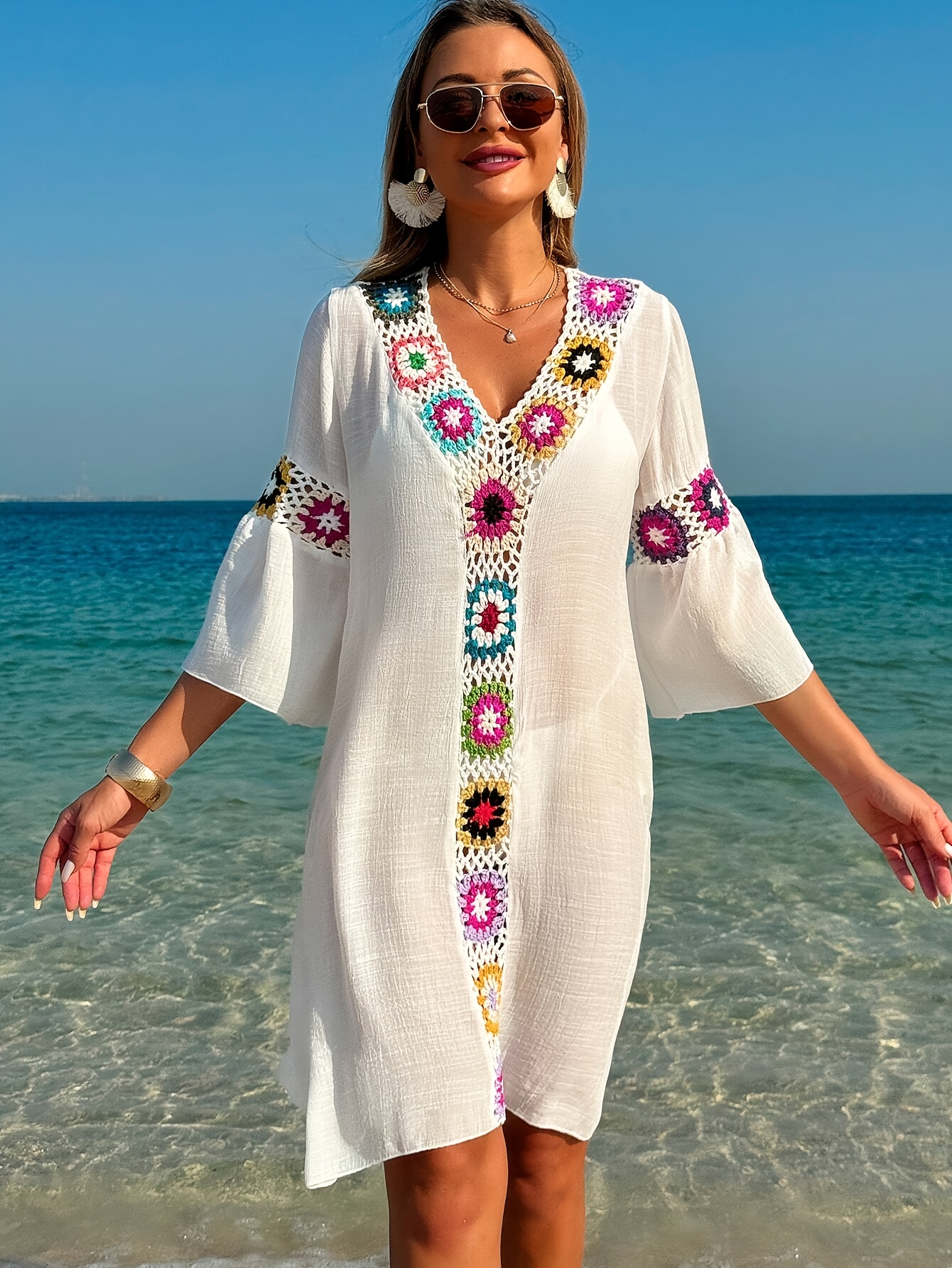 Robe de Plage Légère et Ample à Col en V avec Manches 3/4 pour Femmes Vcay - Coupe Croisée avec Fentes Latérales, Lavable en Machine pour la Natation d'Été, le Bateau & les Voyages