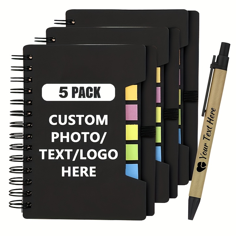 TEMU 5-pack Of Personalized Spiral-bound Notebooks, Customizable With Colorful Designs Or Text, Color-coded Index Tabs, Pen Loop, Ideal For Daily