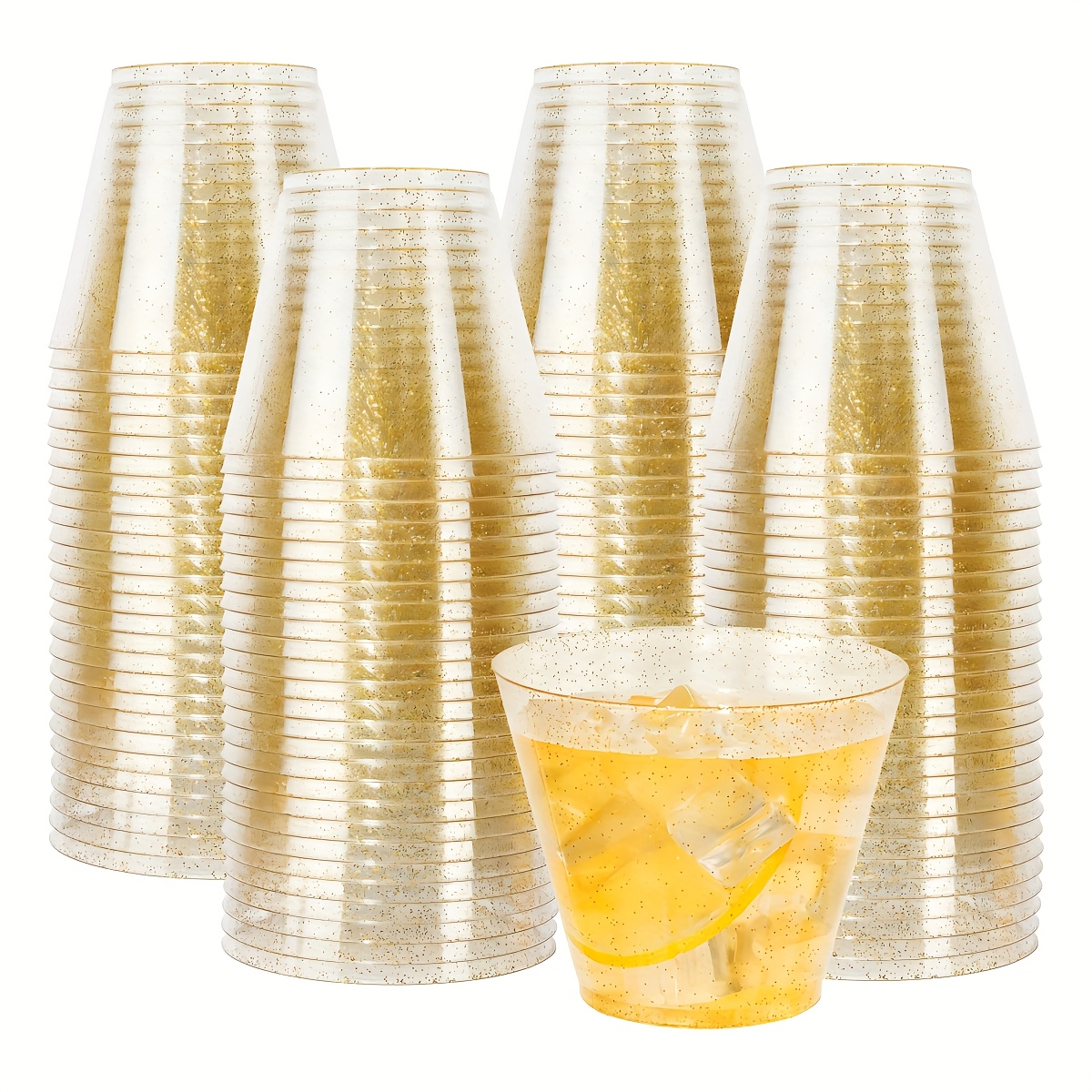 TEMU 200pcs/300pcs Golden Plastic Cups - 9oz Hard Golden Glitter Disposable Cups For And Drinking - Premium Disposable Plastic Cups With Golden