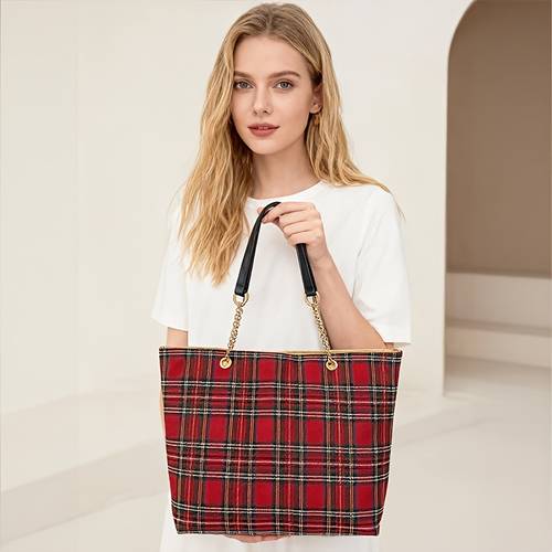 vintage british style red large capacity tote bag with metal chain and strap fashionable versatile womens shoulder bag