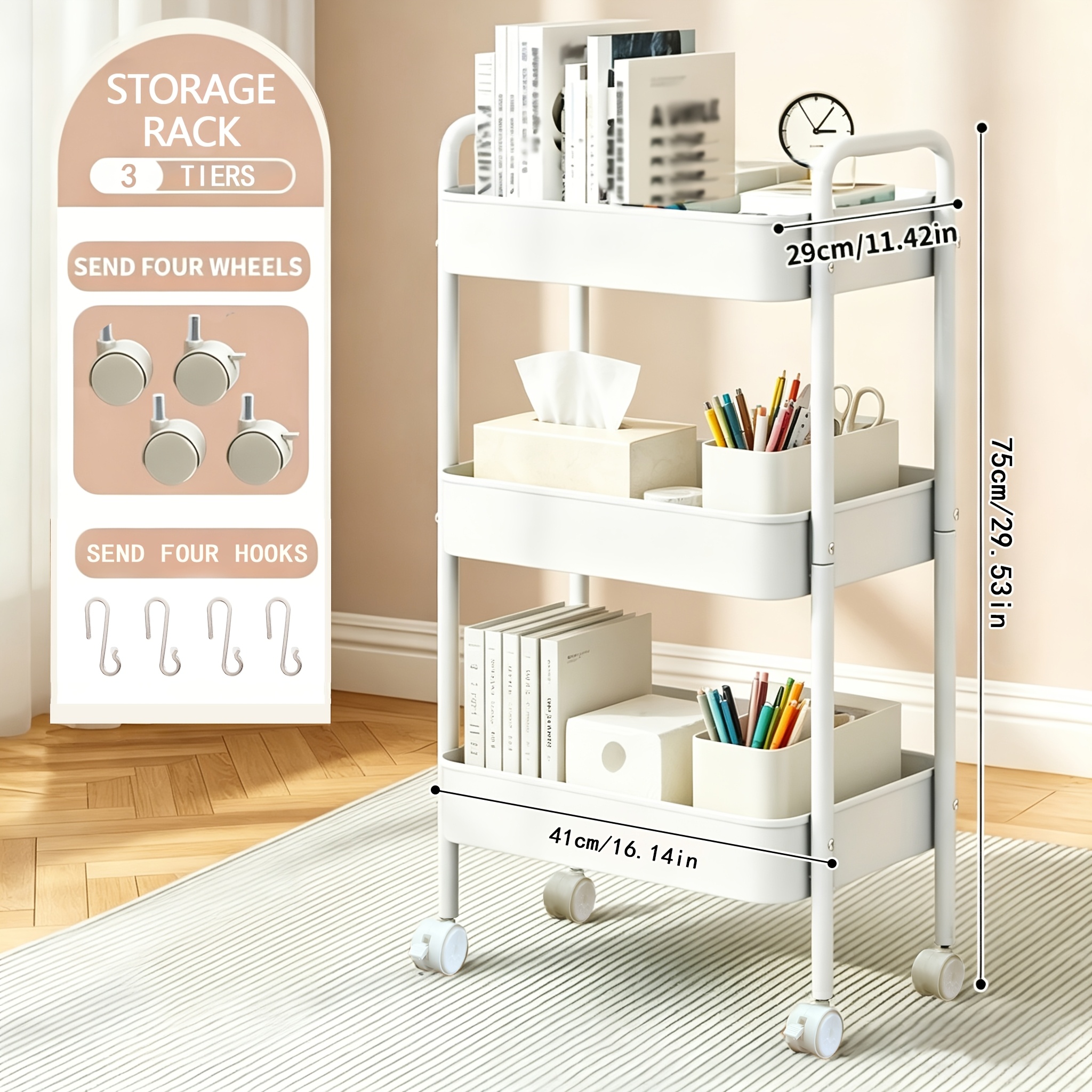 Image of 3/4-tier Storage Cart, Storage Rack With Wheels Rolling Storage Cart Rotating Storage Rack, Rolling Metal Storage Cart With Wheels Industrial Trolleys