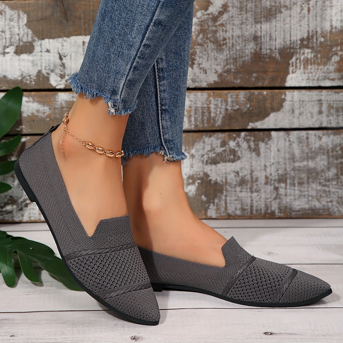 Elegant Ballet Flat Shoes For Women, Slip-On Breathable Soft Sole Daily Knitted Ballets, Point Toe Daily Wear