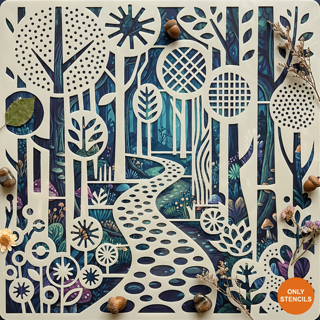 TEMU 1 Large Fantasy Forest Hollowed Out Template Reused With Natural Landscape Pattern Template Wall Painting Art Manual Decoration Trees Path Plant