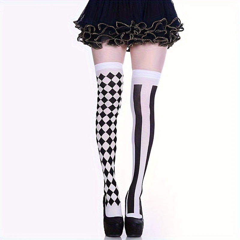 

Checkered & Striped Thigh High Stockings, Gothic Cosplay Over The Knee Socks, Women's Stockings & Hosiery