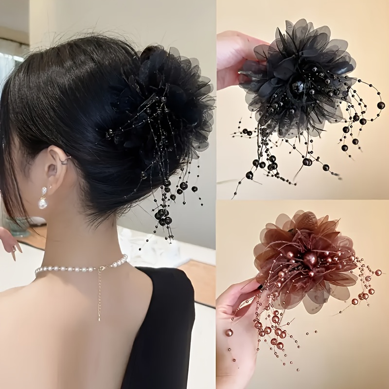 

New Elegant Net Pattern Flower Pearl Hair Clip Shark Clip Hair Accessories - French Fashion Anti-slip Hairpin - Women's Back Head Hair Grab Clip Ponytail Clip Hairpin Headwear