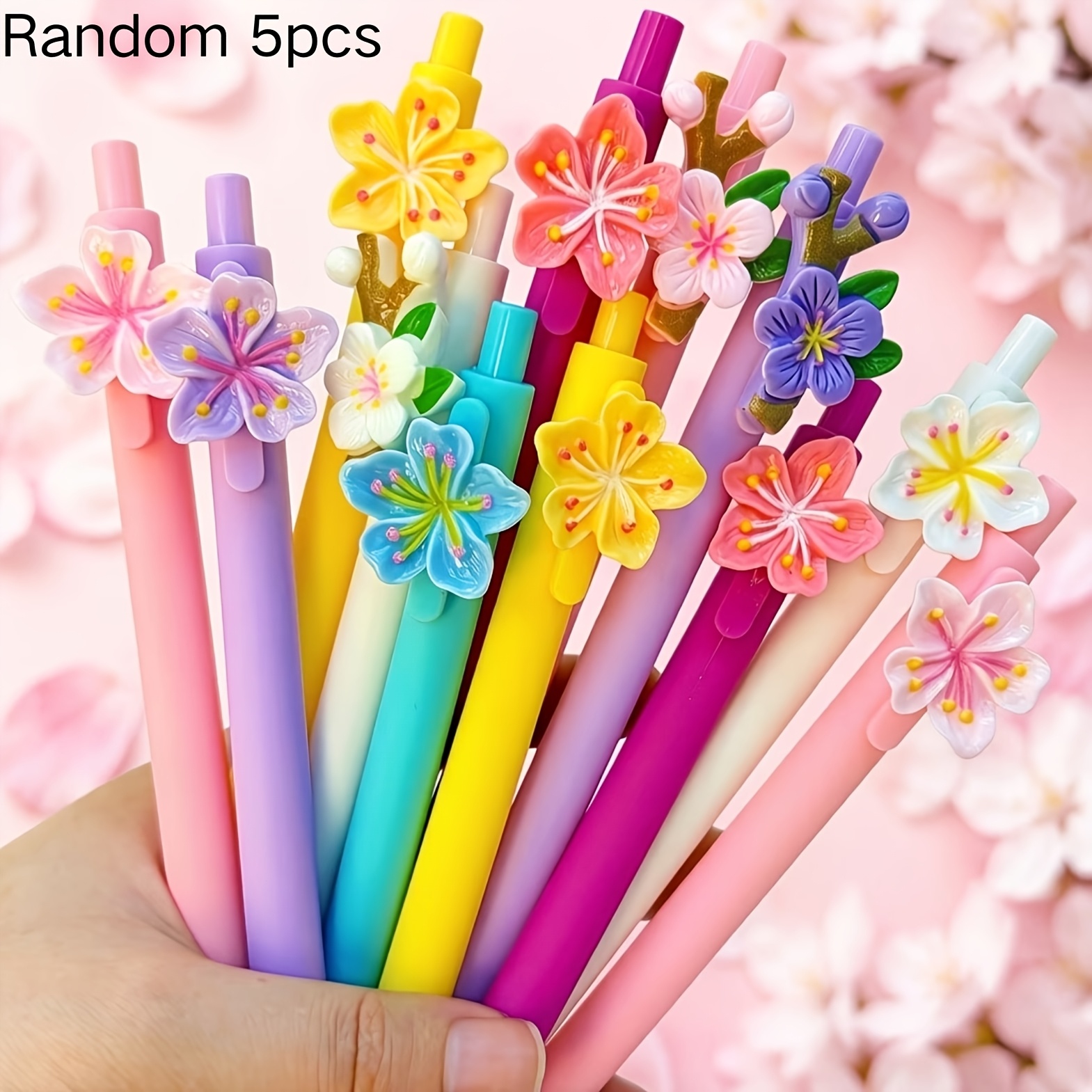 TEMU 5pcs Random Spring Floral Gel Pens - Aesthetic Journal Pens, Random Styles Cute Flower Ballpoint Pens, Black Student Practice Pens, Retractable