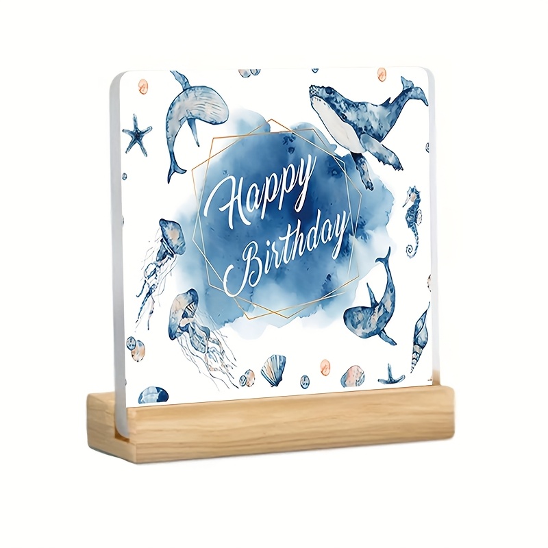 2d flat 1pc ocean theme happy birthday acrylic plaque with wooden base     decor featuring whale jellyfish and seahorse patterns   birthday and home decoration home decor accent whimsical style watercolor  
