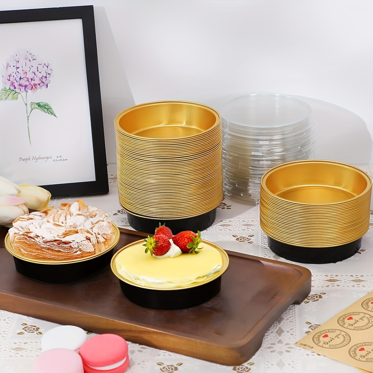 30pcs 8oz moldes desechables cheesecake negros dorados tapas