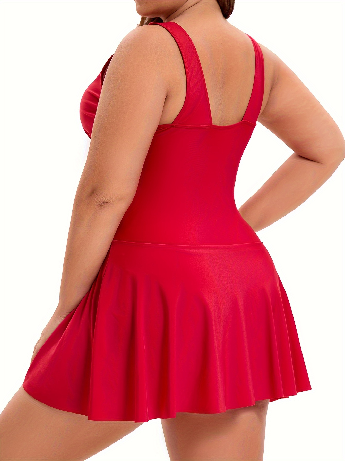 plus size retro swimsuit womens plus ruched solid v neck skirted tummy   piece bathing suit wine red 2 0