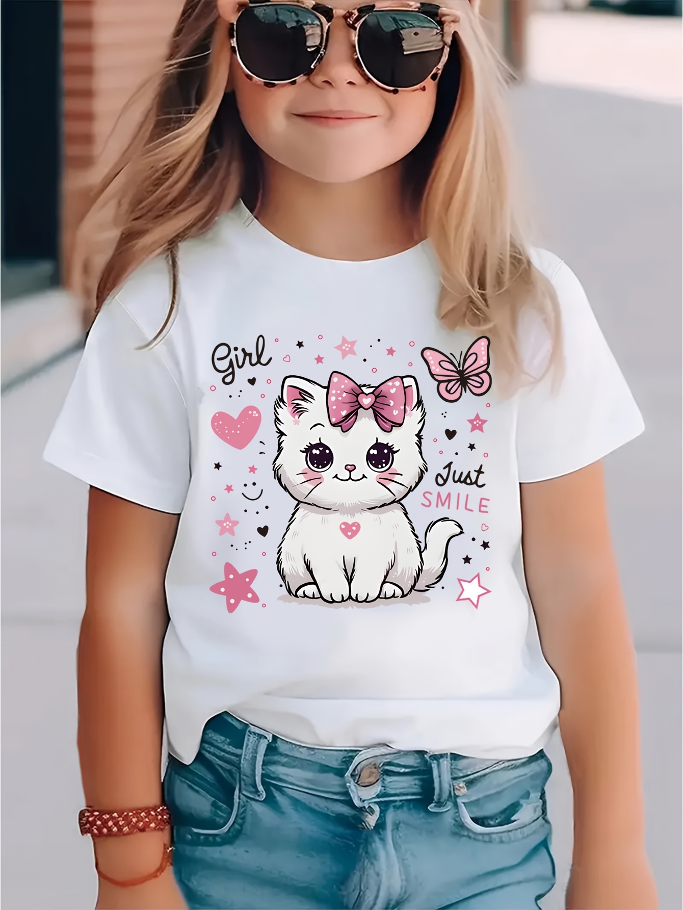girls' short sleeve t shirt cute kitten 