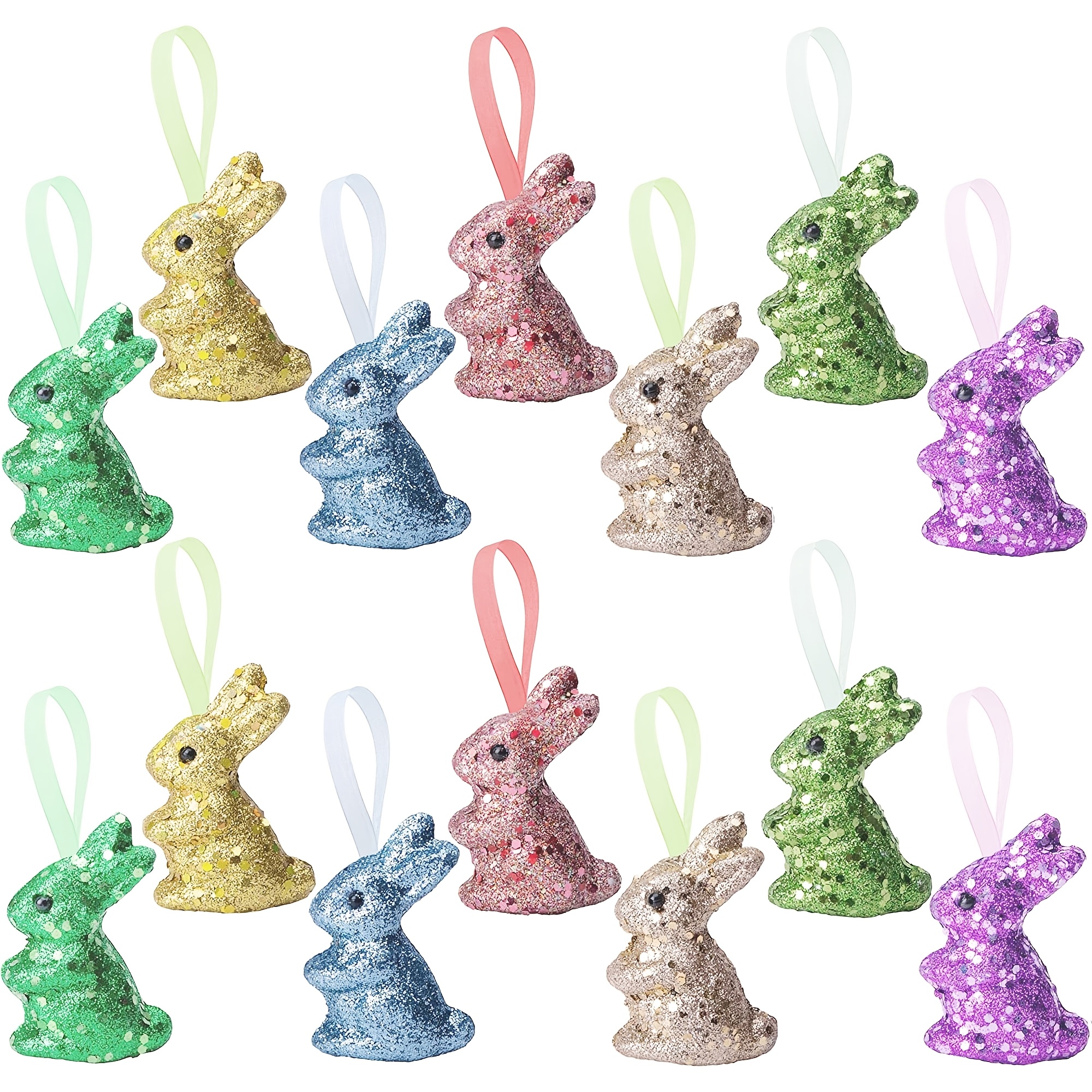 

14pcs Easter Foam Glitter Rabbit Ornament-easter Colored Bunny Hanging Ornament For Easter Party Supplies Diy Decoration Gift