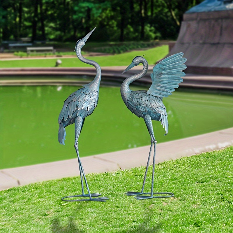 

Set Of 2 Cyan Crane Sculptures Decor, Metal Crane Garden Statues Bird Yard Art, Standing Sculptures For Yard Lawn Pond, Vintage Spread Wings Crane Ornament