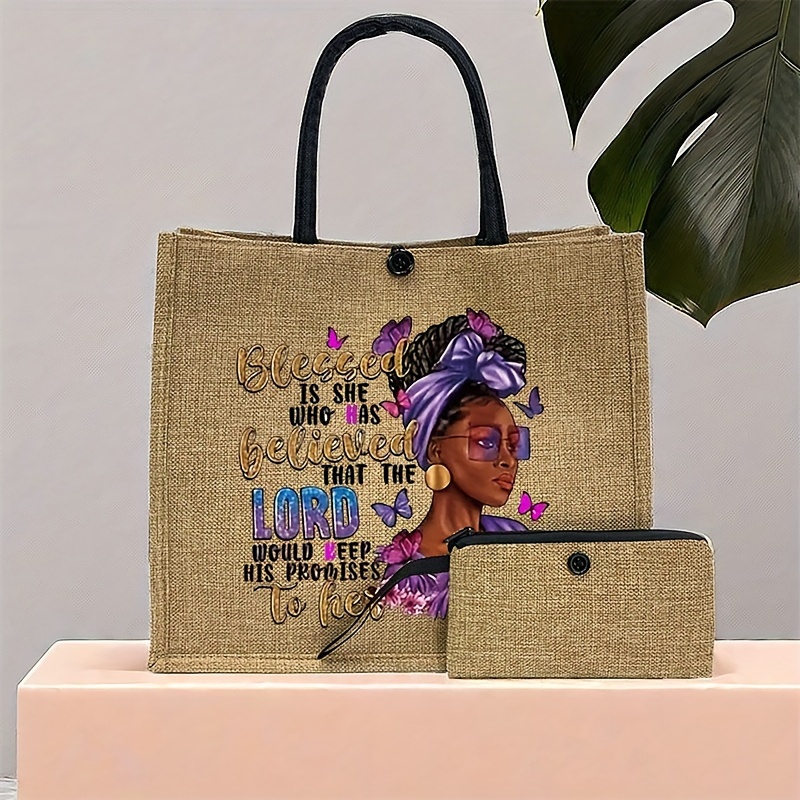 

2pcs/set Fashion Print Tote Bag, Large Capacity Burlap Bag, Women's Casual Handbag & Purse For Beach Travel Shopping